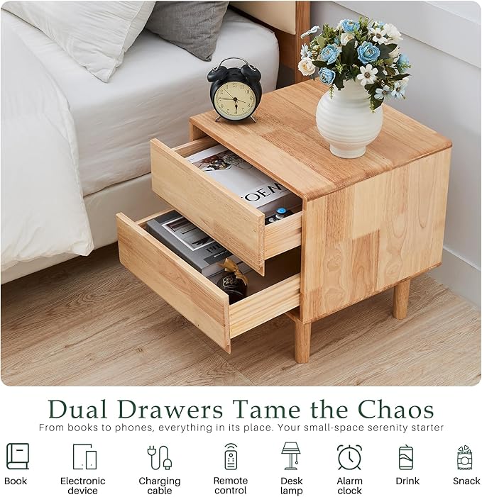 Modern Solid Wood Nightstand with Drawers - Mid Century Modern 2 Drawer Natural Wooden Small Narrow Nightstand Bedside Side End Table with Storage for Living Room Bedroom, 15.7" D x 17.1" W x 19.6" H-Ruum Studio Home