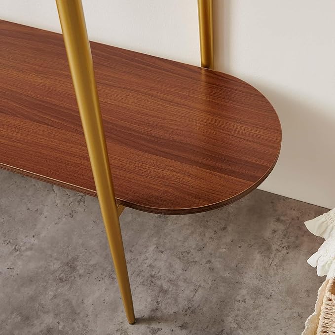 Oval Glass Console Table for Living Room, Foyer & Entrance, 2-Tiers Mid-Century Modern Sofa Table with Amber Glass Top, Walnut Finish Wood Top and Gold Finish Metal Frame-Ruum Studio Home