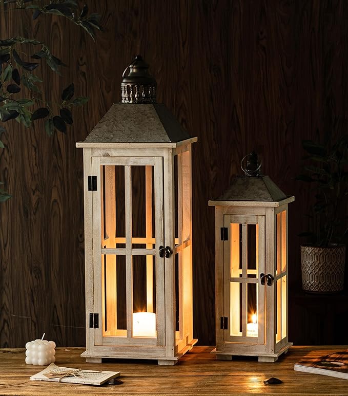 TIMRIS Large Rustic Wooden Decorative Lantern Set of 2, Modern Farmhouse Distressed Whitewash Floor Candle Lanterns, Indoor/Outdoor Hanging Lanterns for Home Decor (No Glass)-Ruum Studio Home