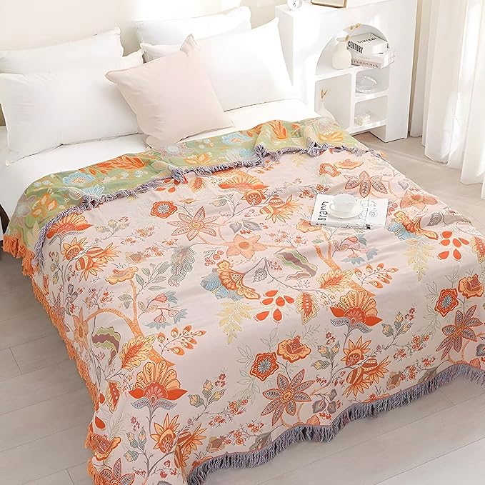 Boho Throw Blanket for Bed - 100% Pure Cotton Ultra Soft Rustic Quilt - Farmhouse Decor Bed Blankets, All Season Rustic Throw for Sofa Couch Chair(91''x 98'', Floral)-Ruum Studio Home