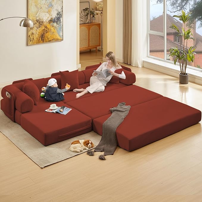 107" Oversized Convertible Sleeper Sofa Bed, Corduroy L Shape Sectional Couch, Folding Sofa Bed with Side Pocket, Modern Cloud Floor Mattress Couch, Modular Sofa for Living Room, Red-Ruum Studio Home