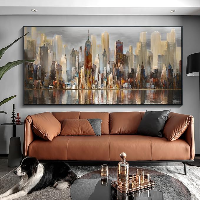 Mofutinpo Large Black Framed Cityscape New York abstract wall art Brown City Theme Paintings Modern Canvas office wall decor living room modern artwork Size 30x60-Ruum Studio Home