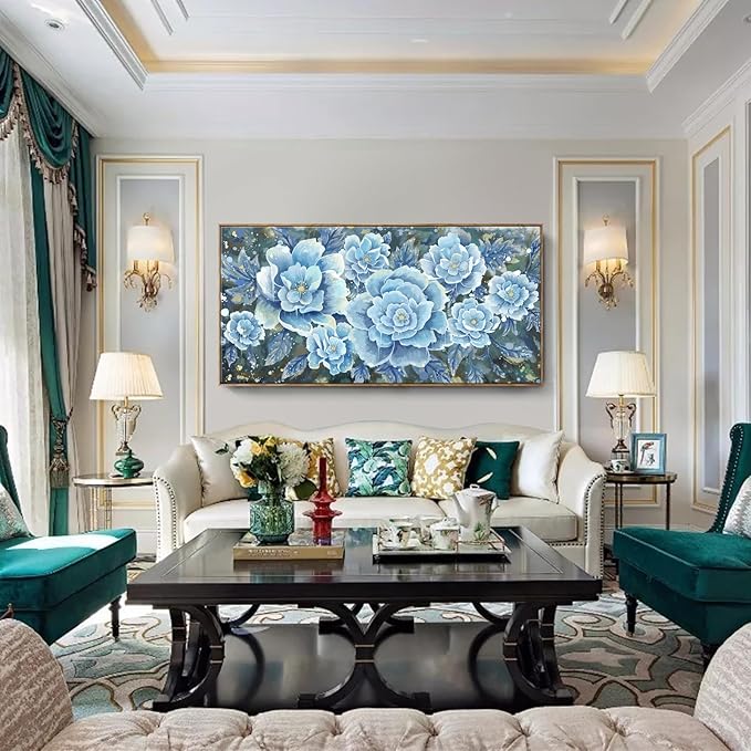 Extra Large Wall Art for Living Room, Framed Big Floral Blue Flower Canvas Print, Modern Oversized Blossom Peony Wall Picture Botanical Artwork for Dining Room Bedroom & Office Décor-Ruum Studio Home