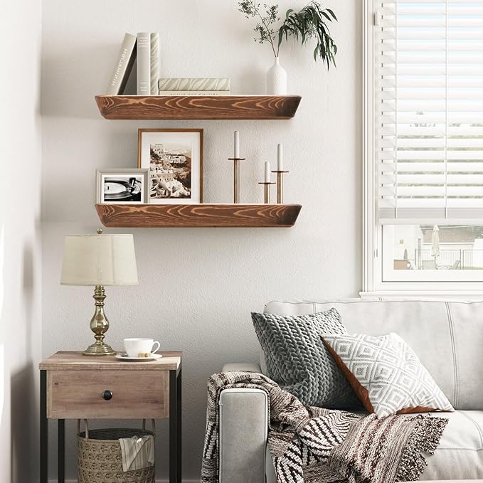 16"x6.8"x1.6" Slanted Floating Wall Shelves 2-Pack - Rustic Brown Finish, Heavy-Duty Solid Wood Design with Hidden Brackets - Perfect for Living Room, Kitchen, Bathroom, or Office-Ruum Studio Home