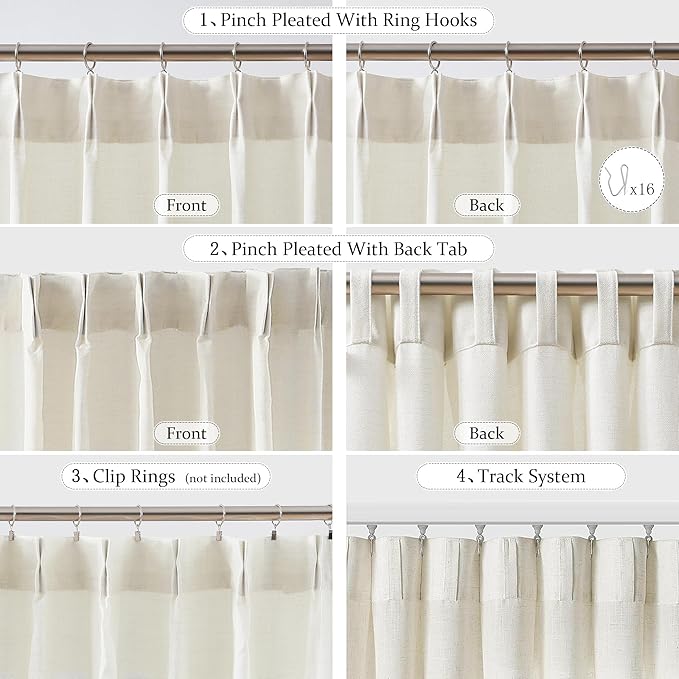 FMFUNCTEX Pinch Pleated Curtain 96 Inches Long for Living Room, Ivory Semi Sheer Faux Linen Textured Pleat Drapes for Bedroom with Hooks, Light Filtering Farmhouse Window Drapes 2 Panels-Ruum Studio Home