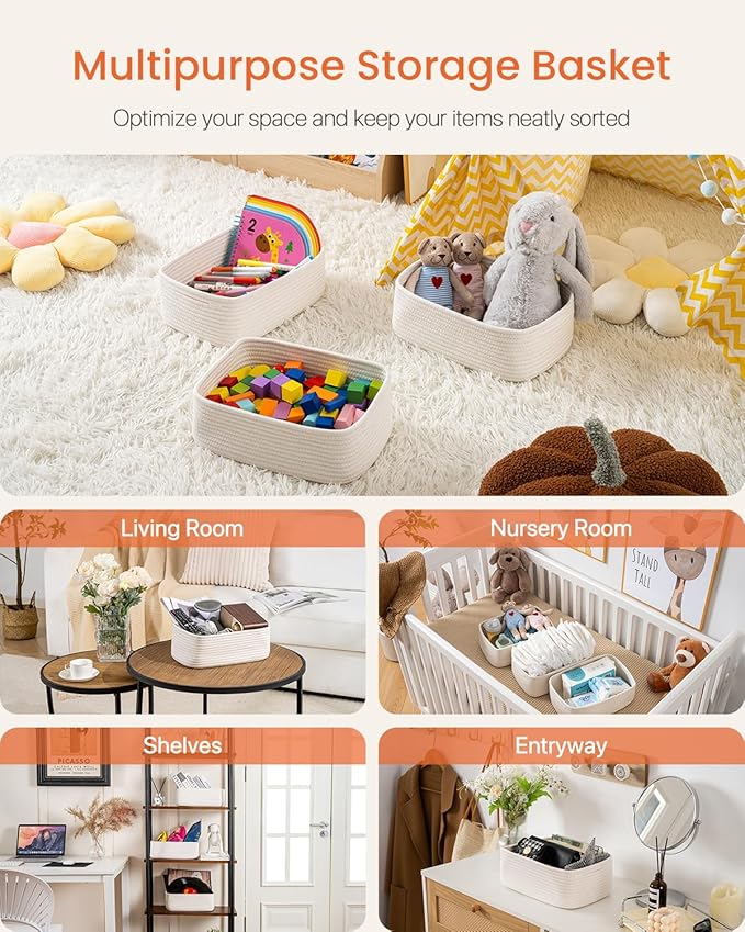 KALLAX Small Woven Basket, 12 x 8 x 4.5 Inches, Storage Basket for Organizing, Cute Small Rope Shelf Closet Cube Storage Bins Baskets for Shelves, Dog Toy Gift Baskets Empty, 3 Packs, Off White-Ruum Studio Home