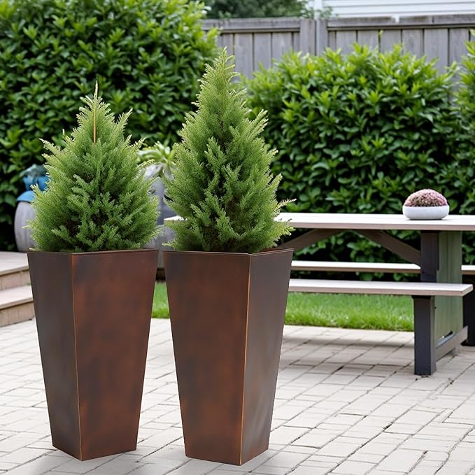 WORTH Garden 12" Dia x 25" H Large Metal Planter Set of 2, Matte Bronze Retro Finish Tall Square Tapered Steel Plant Pots, Decor Flower Pot Indoor & Outdoor, Drainage Hole & Dual-Purpose Plant Saucer-Ruum Studio Home