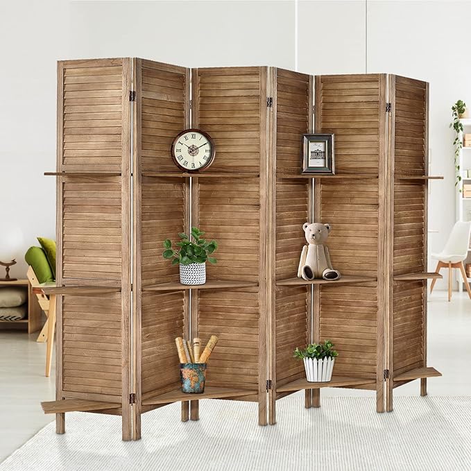 Room Divider with Shelves, Privacy Screen, Room Dividers and Folding Privacy Screens, 6 Panel Wood Temporary Wall Partition Separation Separator, Brown-Ruum Studio Home