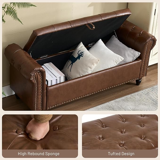 Furniliving 55” End of Bed Bench, Bedroom Bench with Button-Tufted, Large Upholstered Storage Ottoman Entryway Bench with Storage Shoe Cabinet Bench, for Bedroom, PU, Brown-Ruum Studio Home