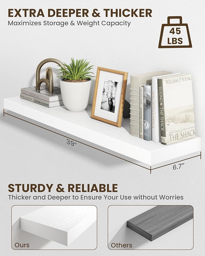 Marsmiles 39" Floating Shelves for Wall, Wooden Shelves with Invisible Brackets Set of 2, Rustic Farmhouse Wall Mounted Shelf for Kitchen Bathroom Living Room Study, White-Ruum Studio Home