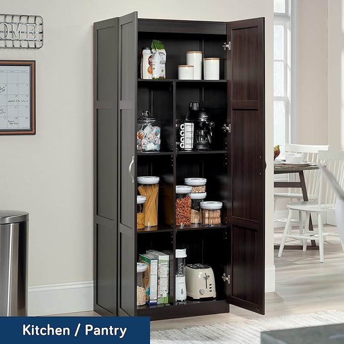 Sauder Storage Cabinet/ Pantry cabinets, 29.61 " x D: 16.02 " x H: 71.50", Cinnamon Cherry finish-Ruum Studio Home