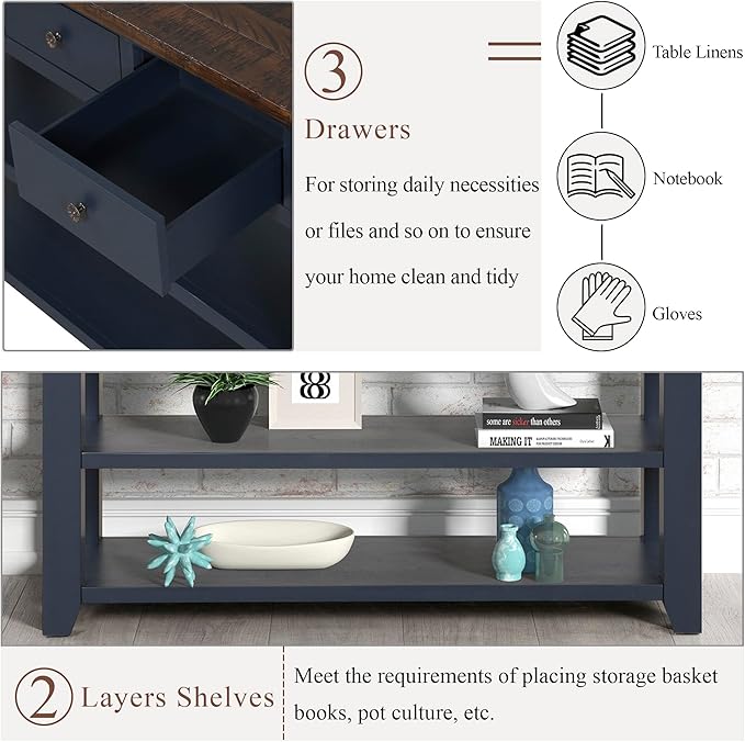 Farmhouse Wood Entry Console Table 48-Inch Modern Sofa Entryway Table with Drawers and Storage Shelves for Entrance Living Room (Blue)-Ruum Studio Home
