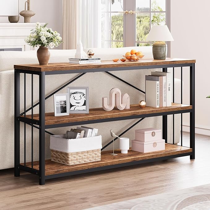 LVB Industrial Console Entryway Table, Metal Wood Rustic Sofa Table with Storage, Farmhouse 3 Tier Shelf Long Hallway Foyer Entry Tables Behind Couch for Home Living Room Entryway, Rustic Brown, 55 In-Ruum Studio Home