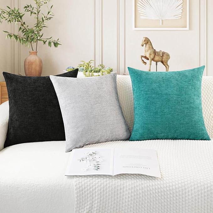 CaliTime Throw Pillow Covers Decorative 16 X 16 Inches Pack of 2 Cozy Chenille Cushion Cases for Couch Sofa Bed Living Room Home Black-Ruum Studio Home