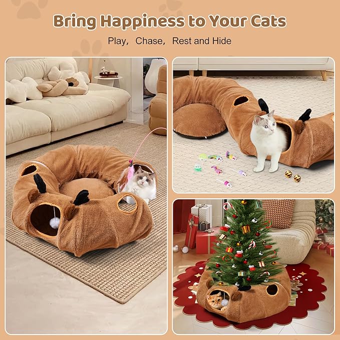 Odoland Reindeer Cat Tunnels Bed with 20 Kitten Toys for Indoor Cats, Plush Cats Couch Tunnel Bed - Kittens Cave Donut Tunnel - Detachable Soft Cat Bed and Variety Kitty Toy Set-Ruum Studio Home