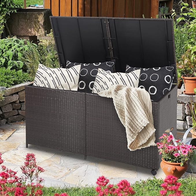 HAPPYGRILL 175 Gallon Outdoor Rattan Deck Box, Wicker Storage Bin with Zippered Liner & 2 Universal Wheels, Safe Pneumatic Rod, Patio Rattan Storage Container for Cushions Pillows-Ruum Studio Home