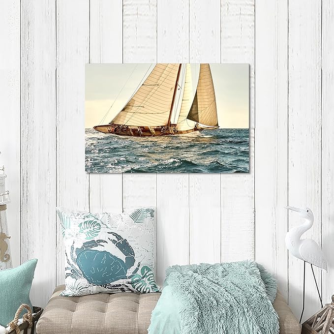 ARTISTIC PATH Nautical Sailboat Canvas Wall Art - Coastal Ocean Artwork Seascape Sailing Prints Wave Boat Picture Sunset Marine Ship Painting for Bedroom-Ruum Studio Home