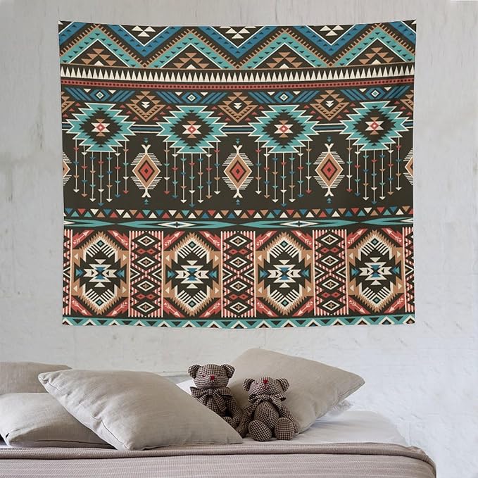HZOHNAGO Aztec Tapestry Turquoise Blue and Brown and Native American Tribal Pattern Printed Wall Tapestry Wall Hanging for Bedroom Living Room Dorm 60" W x 50" H-Ruum Studio Home
