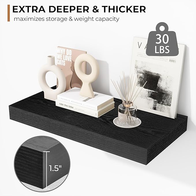 Fun Memories 16 Inch Floating Shelves - Deep Rustic Black Wooden Wall Shelves - Extra Deeper & Thicker Wall Mounted Storage Shelf for Bedroom, Kitchen, Farmhouse - 2 Pack, Rustic Black-Ruum Studio Home