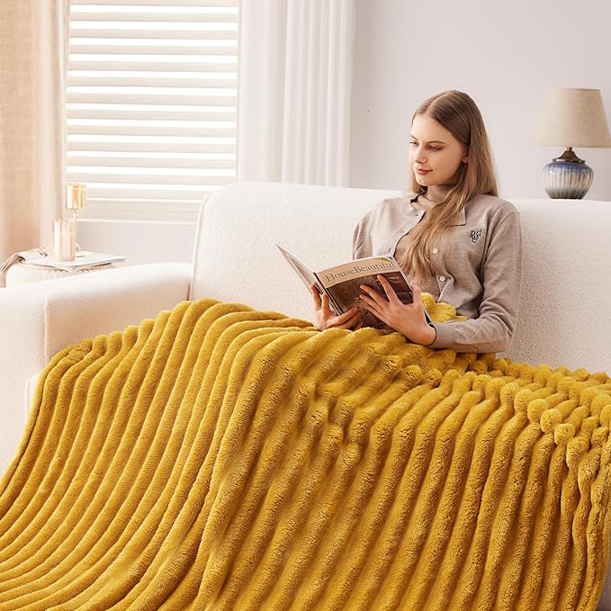 NEWCOSPLAY Super Soft Throw Blanket Mustard Yellow Premium Silky Flannel Fleece 3D Ribbed Jacquard Lightweight Bed Blanket All Season Use (Mustard Yellow Ribbed, Throw(50"x60"))-Ruum Studio Home