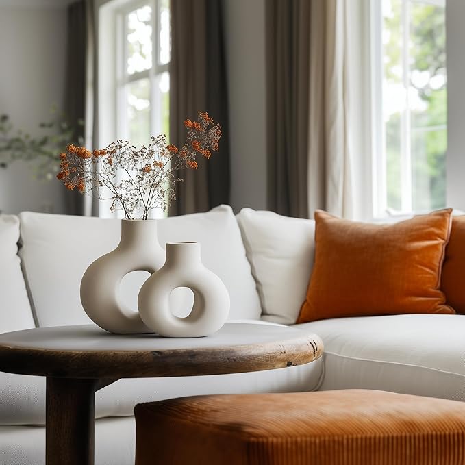 NOBULA White Ceramic Donut Vases – Modern Home Decor for Living Room, Bedroom & Table Centerpiece - Minimalist Nordic – Unique Vases for Olive Plant & Flowers – Decorative Coffee Table Vase Set of 2-Ruum Studio Home