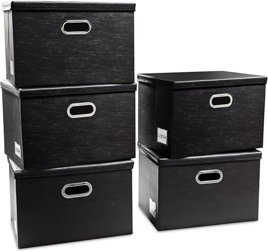 PRANDOM Large Stackable Storage Boxes with Lids [5-Pack] Leather Fabric Foldable Storage Bins Organizer Containers Baskets Cubes with Cover for Bedroom Closet Office Nursery Black(17.7x11.8x11.8)-Ruum Studio Home