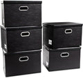 PRANDOM Extra Stackable Storage Bins with Lids [5-Pack] Leather Fabric Foldable Storage Boxes Organizer Containers Baskets Cube with Cover for Bedroom Closet Office Nursery Black (22.8x15.7x13.8)-Ruum Studio Home