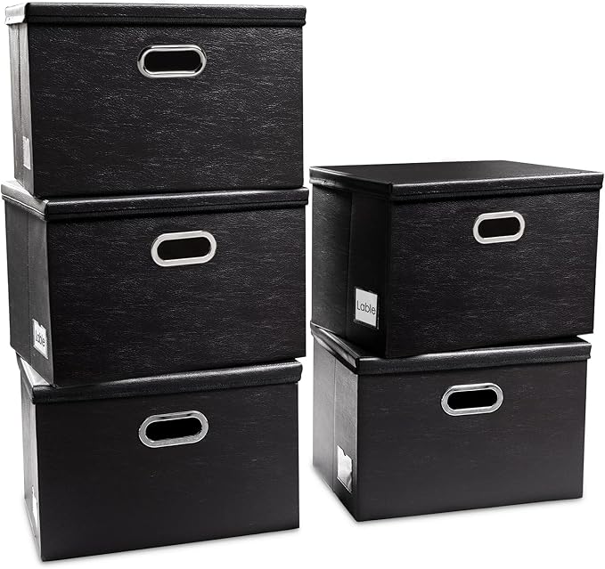 PRANDOM Extra Stackable Storage Bins with Lids [5-Pack] Leather Fabric Foldable Storage Boxes Organizer Containers Baskets Cube with Cover for Bedroom Closet Office Nursery Black (22.8x15.7x13.8)-Ruum Studio Home