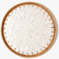 Round Rattan Tray with Mother of Pearl Inlay & Wooden Base - Decorative Wicker Serving Tray for Coffee/Bread/Fruits, Food Storage & Display - Multipurpose Home Decor (M,White Leaves)-Ruum Studio Home