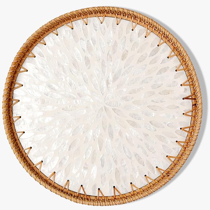 Round Rattan Tray with Mother of Pearl Inlay & Wooden Base - Decorative Wicker Serving Tray for Coffee/Bread/Fruits, Food Storage & Display - Multipurpose Home Decor (M,White Leaves)-Ruum Studio Home