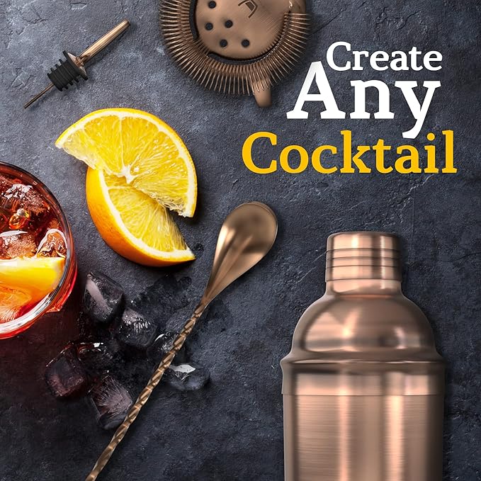 Highball & Chaser 13-Piece Cobbler Cocktail Shaker Set Matte Copper Stainless Steel Bartender Kit For Home Bar Cocktail Set Laser Engraved Cocktail Tools Plus E-Book with 30 Different Cocktail Recipes-Ruum Studio Home