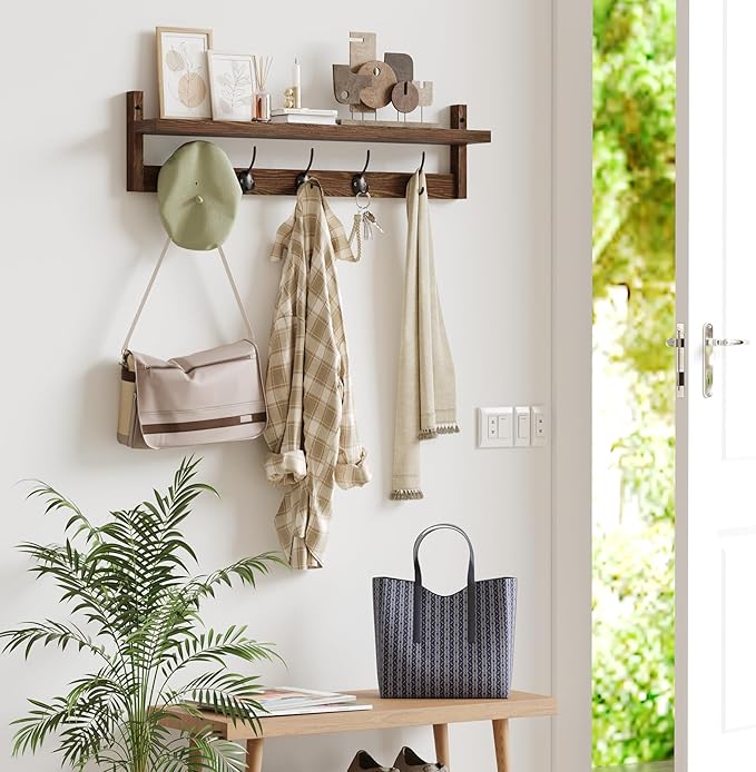 AMBIRD 28.9 Inch Length Shelf with Hooks Entryway Coat Rack Wall Mount Wood Coat Hooks with Shelf Wall-Mounted Coat Hook Rack with 5 Dual Hooks for Bathroom, Living Room, Bedroom (Brown)-Ruum Studio Home
