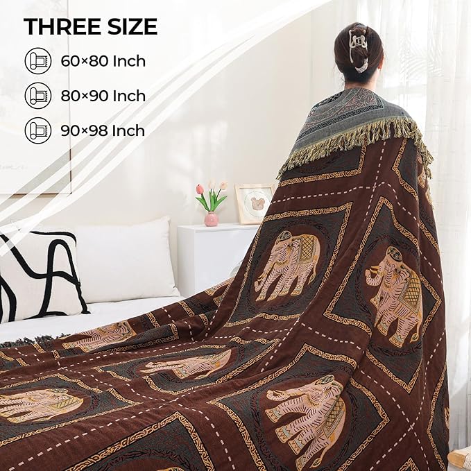 Boho Throw Blanket for Bed with Tassels,100% Cotton Ultra Soft and Cozy Large Blanket Elephant Printed Farmhouse Decor Bed Blankets,80"×90" All Season Rustic Throw for Sofa Couch Chair-Brown-Ruum Studio Home