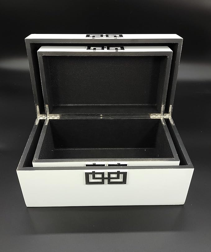 Galt International Storage Box Set Decorative Storage Box w/Hinged Lid Classic Design Wood Decor Boxes with Geometric Clasp Storage for Bedroom & Home - Set of 2 (White & Silver)-Ruum Studio Home