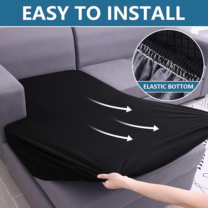 hyha Waterproof Sectional Couch Covers, Non Slip Sofa Couch Cushion Covers L Shape, Thick Stretch Jacquard Fabric, Washable Sofa Slipcovers with Elastic Bottom (1 Piece for Chaise, Black)-Ruum Studio Home