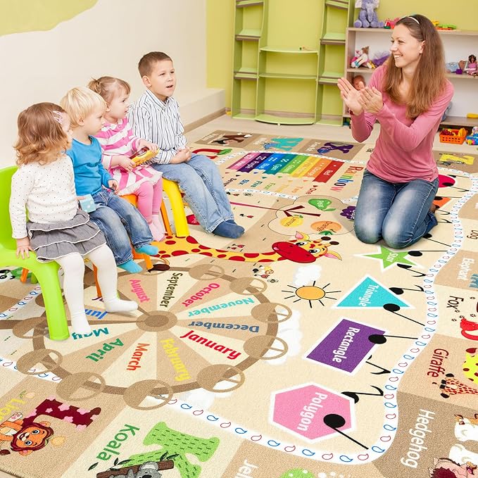 7x10 Playroom Rugs for Kids Washable, Educational and Fun Playmat with ABC Alphabet Animals Shapes Colors, Non-Slip Play Mat Learning Rug for Baby Toddler Children Game Activity，Beige, Pink-Ruum Studio Home