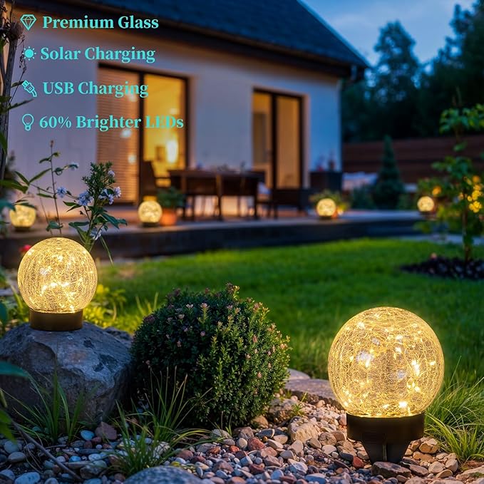 Beautyard Solar Globe Lights Outdoor USB Charged Garden Decor 3.94" Diameter 30LED 1000mAh Solar Globe Lights for Outdoor Indoor Mothers Day Gifts Holiday Decor(3.94'' Medium 4 Pack Warm White)-Ruum Studio Home