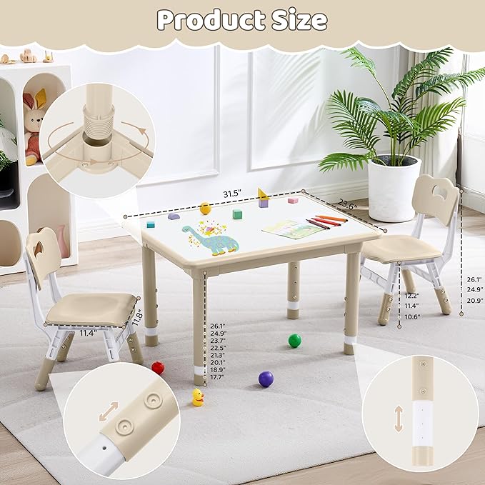 Kids Table and 2 Chairs Set, Height Adjustable (17.7"-26.1") Toddler Table and Chair Set, Multi-Activity Table with Graffiti Desktop, Children’s Table and Chairs for Classroom, Home & Daycare-Ruum Studio Home