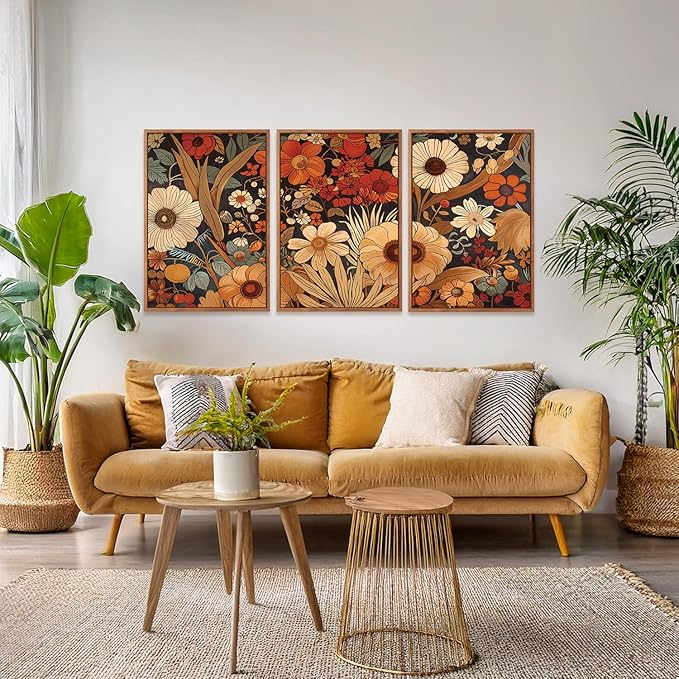 Aurlan Boho Burnt Orange Terracotta Wildflowers Framed Wall Art(24"x36"), 3 PCS Abstract Floral 3D Textured Canvas Artwork, Large Modern Vintage Botanical Nature Art Wall Decor for Home Office Living Room Bedroom-Ruum Studio Home