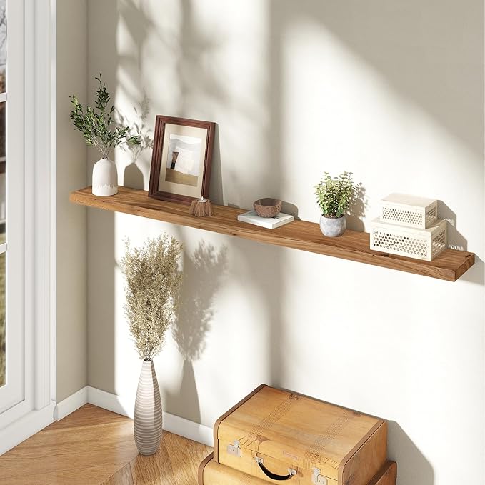 72" Floating Shelves for Wall, Rustic Elm Wood Floating Shelf for Home Decor, Wall-Mounted Display Shelves with Heavy-Duty Bracket, Long Floating Shelf for Bathroom, Kitchen, Natural Color-Ruum Studio Home