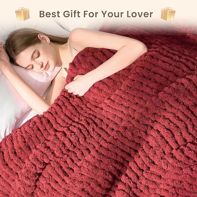 L'AGRATY Chunky Knit Blanket Throw: 60''x80'' Chenille Chunky Knitted Throw Blankets for Twin Bed Couch - Handmade Thick Cable Knit Blanket - Large Crochet Rope Blankets for Home Decor(Maroon Red)-Ruum Studio Home