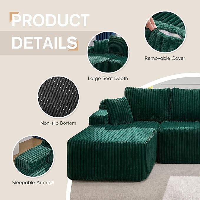 Hobestluk Modular Sectional Sofa Couches 108" L-Shape Couch 3 Seat Modular Sofa Memory Foam Sectional Couches for Living Room, Boneless Couch with Oversized Chaise (Green, Left Facing)-Ruum Studio Home