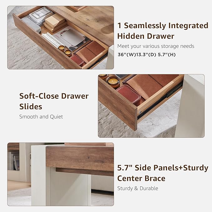 OKD 48" Modern Farmhouse Coffee Table, Wooden Living Room Table with Hidden Storage Drawer, Rustic Rectangular Center Tables with Wood Thick Design for Living Room, Office, Antique White-Ruum Studio Home