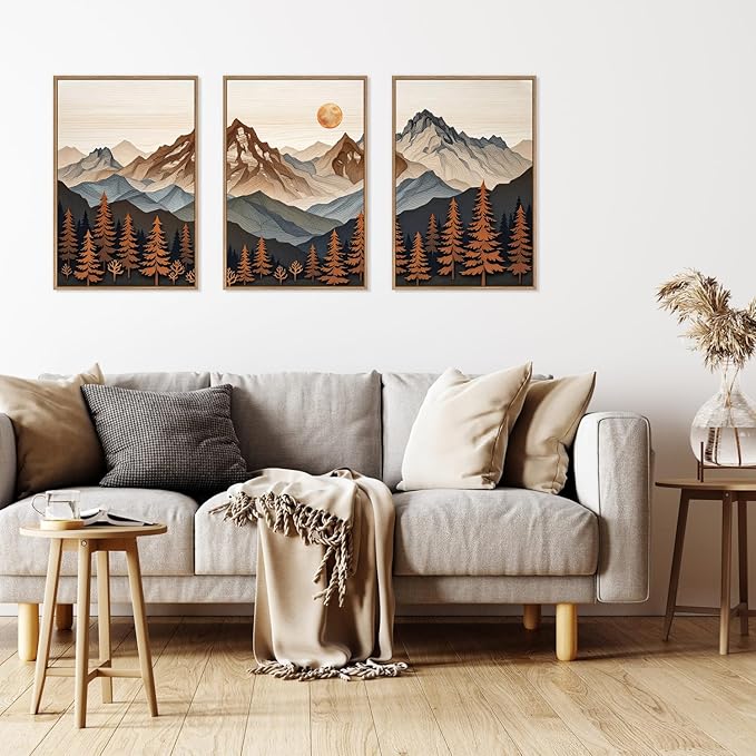 HLNIUC Large Boho Mountain Framed Canvas Wall Art Set,Woodcut Style Mountain Wall Decor,Vintage Forest Pine tree Art Prints,Nature Sunrise Landscape Wall Painting for Living Room,Bedroom - 16”x24”x3-Ruum Studio Home