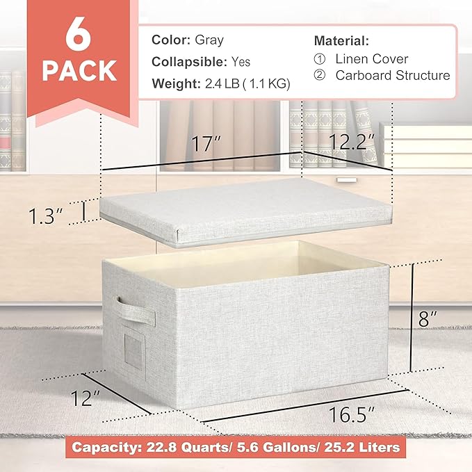 Large 17''x12'' Quart Collapsible Stackable Storage Bins with Lids, 6 Packs Off White Fabric Closet Boxes with Lids, Storage Cube Baskets Container Organizers for Bedroom Office(17''x12.2x''8'')-Ruum Studio Home