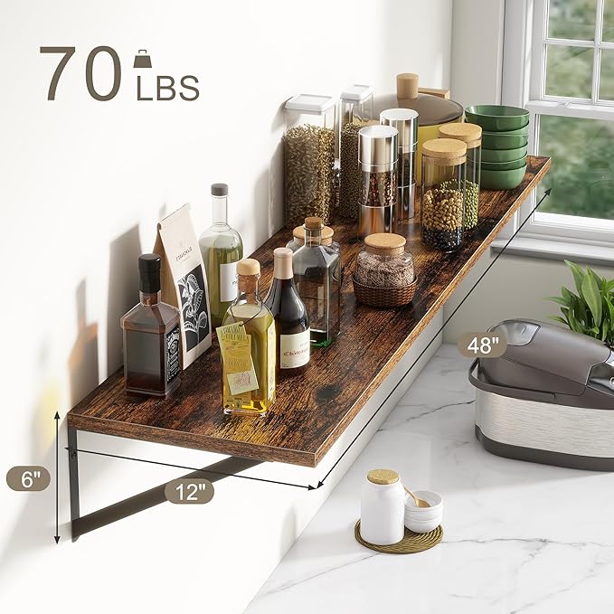 12 Inch Deep Floating Shelves,48W x 12D Floating Shelves, Deep Wall Shelves Bracket Set of 2, Large Display Floating Shelf for Bathroom, Living Room, Wide Storage Wooden Wall Shelf, Rustic Brown-Ruum Studio Home