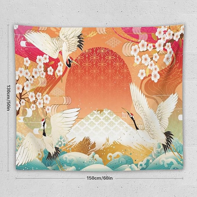 HZOHNAGO Japanese Tapestry Cherry Blossom Crane Sea Wave Fuji Mountain Red Sun Pattern Printed Wall Tapestry Painting Wall Hanging for Bedroom Living Room Dorm 60" W x 50" H-Ruum Studio Home