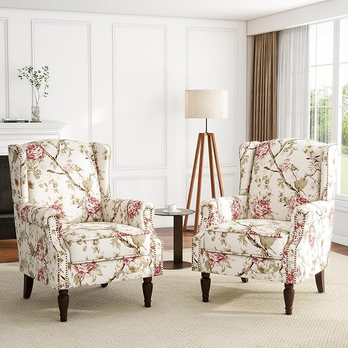 UIXE High Back Accent Chairs Set of 2, Fabric Upholstered Armchair for Living Room, Retro Printed Wingback Arm Chair Rivet Trimed Single Sofa Bedroom Reading Seat - Beige Floral-Ruum Studio Home