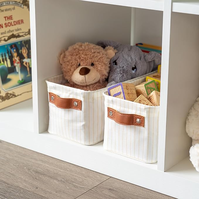 OrganiHaus Narrow Storage Bins 15x06in, Small Closet Bins for Shelves, Bathroom Storage Baskets, Narrow Baskets, Fabric Organizer with Handles, Toilet Paper Organizer - 2 Pack, White w/Brown Stripes-Ruum Studio Home