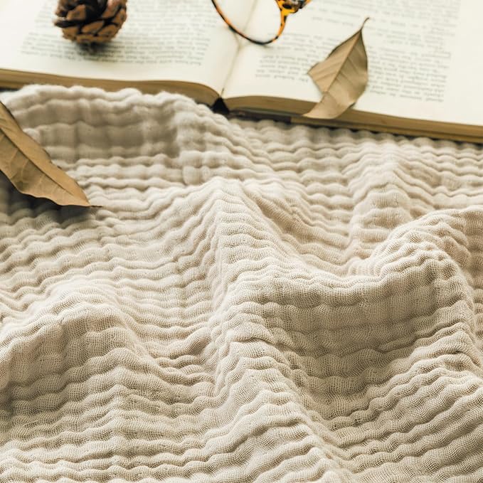 EMME Cotton Throw Blanket for Couch Soft Muslin Blankets 50"x60" Lightweight Breathable Blanket All Season Gauze Blanket, Light Tan-Ruum Studio Home